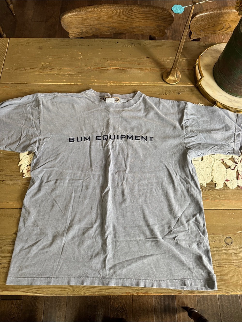 Vintage BUM Equipment Light BLUE GRAY embroidered Logo Tee Y2K size LARGE